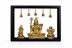 Brass Lord Shiva idol with Kartikeya & Ganesha, framed set with hanging bells