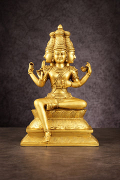 Seated Lord Brahma Skulptur aus Messing, 16 Zoll, vierköpfige Figur mit offenen Händen