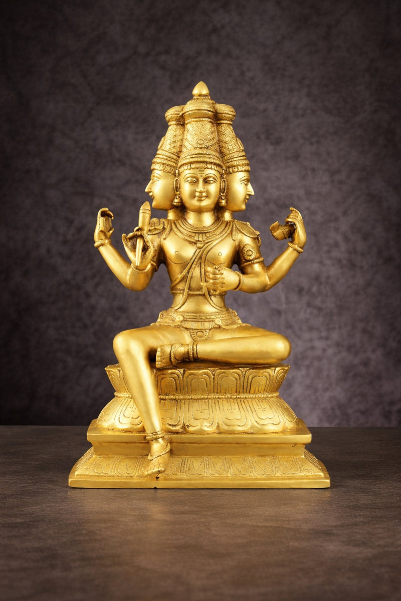 Seated Lord Brahma Skulptur aus Messing, 16 Zoll, vierköpfige Figur mit offenen Händen