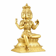 Lord Brahma Messingfigur, 16 Zoll, sitzend auf Lotusbasis, frontal mit ruhigen Gesichtszügen