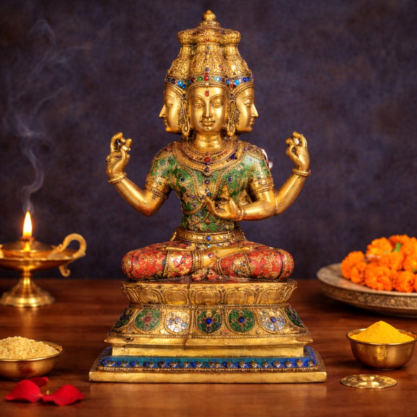 Brass Lord Brahma with stonework Sculpture (Height :16 Inches)