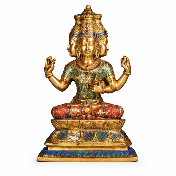 Brass Lord Brahma with stonework Sculpture (Height :16 Inches) Study Setting