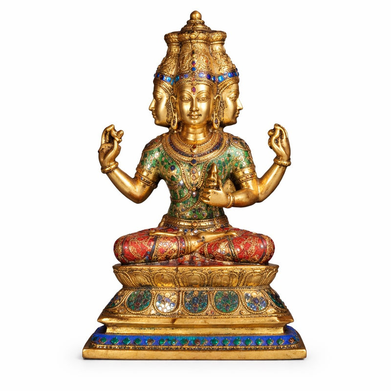 Brass Brahma sculpture featuring jeweled stonework on crown, arms, and seated base