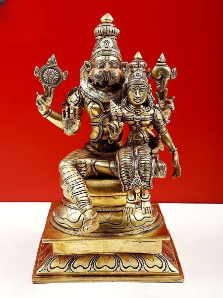 Natural Brass Narasimha with Lakshmi (Height: 15 Inches)