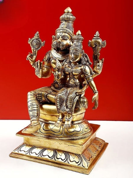 Natural Brass Narasimha with Lakshmi (Height: 15 Inches)
