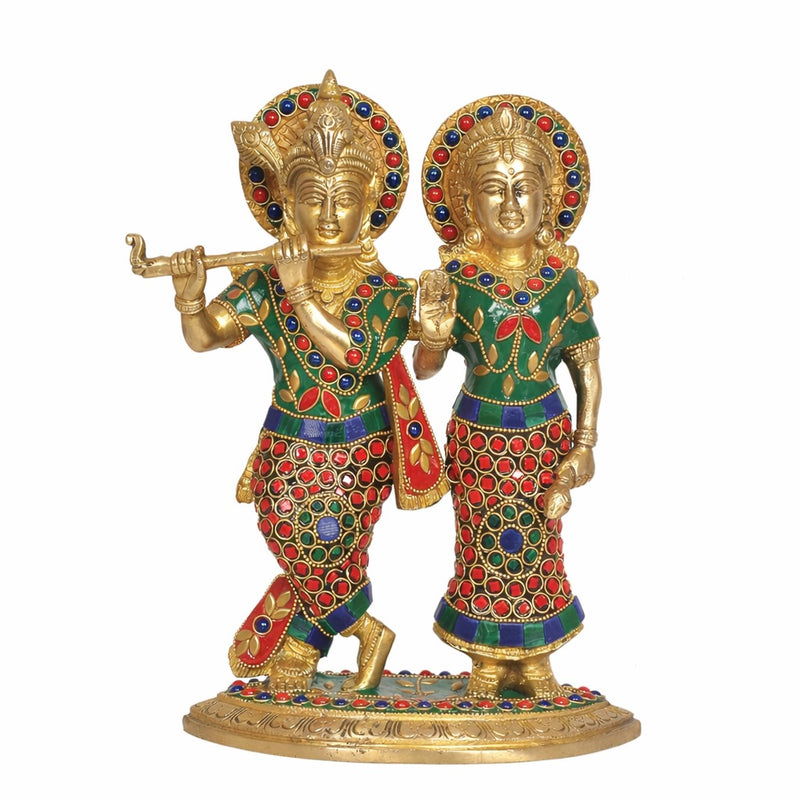 Brass Standing Radha Krishna Idol with Peacock Design – Krishna Playing Flute Decorative Showpiece for Home Décor, Mandir, Office & Temple Use (Height :10 Inches)