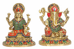 Lakshmi- und Ganesha-Idol-Set, Frontalansicht, rote/grüne Gewänder, bunte Perlen
