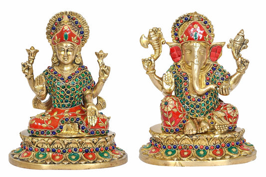 Premium Brass Lakshmi Ganesh Idol Set – Laxmi & Ganesha Statues for Home Décor, Mandir & Pooja (Height :9 Inches)