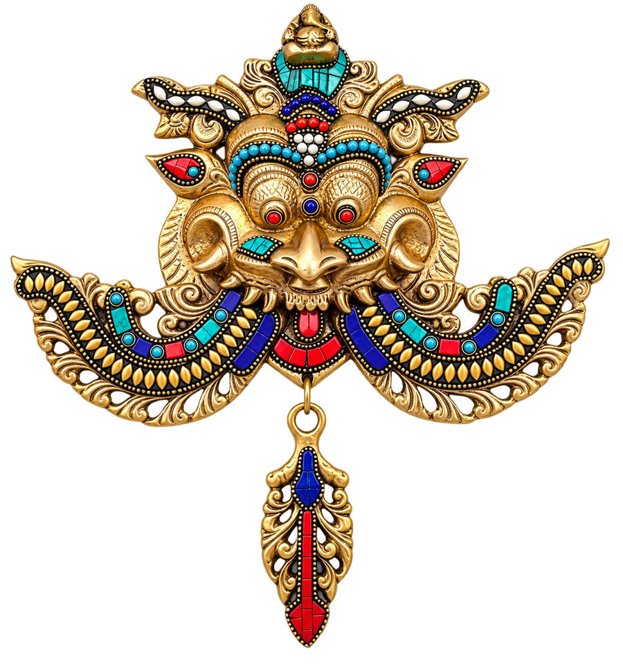 Pure Brass Kirtimukha Yali Wall Hanging with Ganesha & Intricate Stonework  (Height: 11 Inches) Craft Detail
