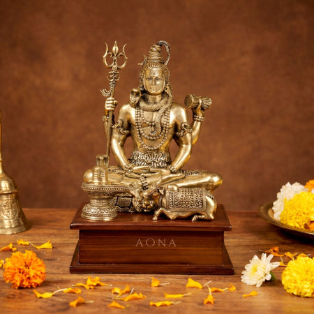Superfine Brass Lord Shiva Idol on Wooden Base – Blessing Posture Shiv Murti for Home Décor, Mandir & Office (Height :9 Inches)