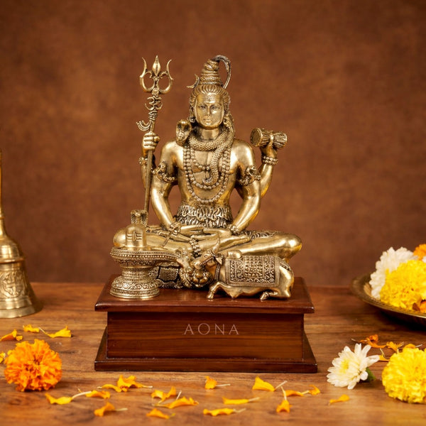 Superfine Brass Lord Shiva Idol on Wooden Base – Blessing Posture Shiv Murti for Home Décor, Mandir & Office (Height :9 Inches)
