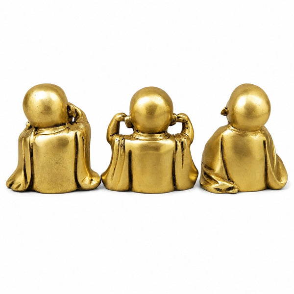 Brass Wise Monks Seated , Smooth Finish Sculpture (Height:5 Inches) Study Setting