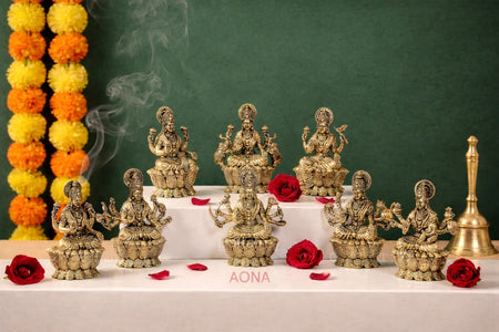 Superfine Brass Ashtalakshmi Idol Set of 8 – Goddess Lakshmi Statues for Diwali Puja, Mandir, Vastu, Home & Office Decoration (Height : 3.5 Inches)