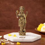 AONA superfine brass Lord Vishnu standing idol on white marble base, raised hands