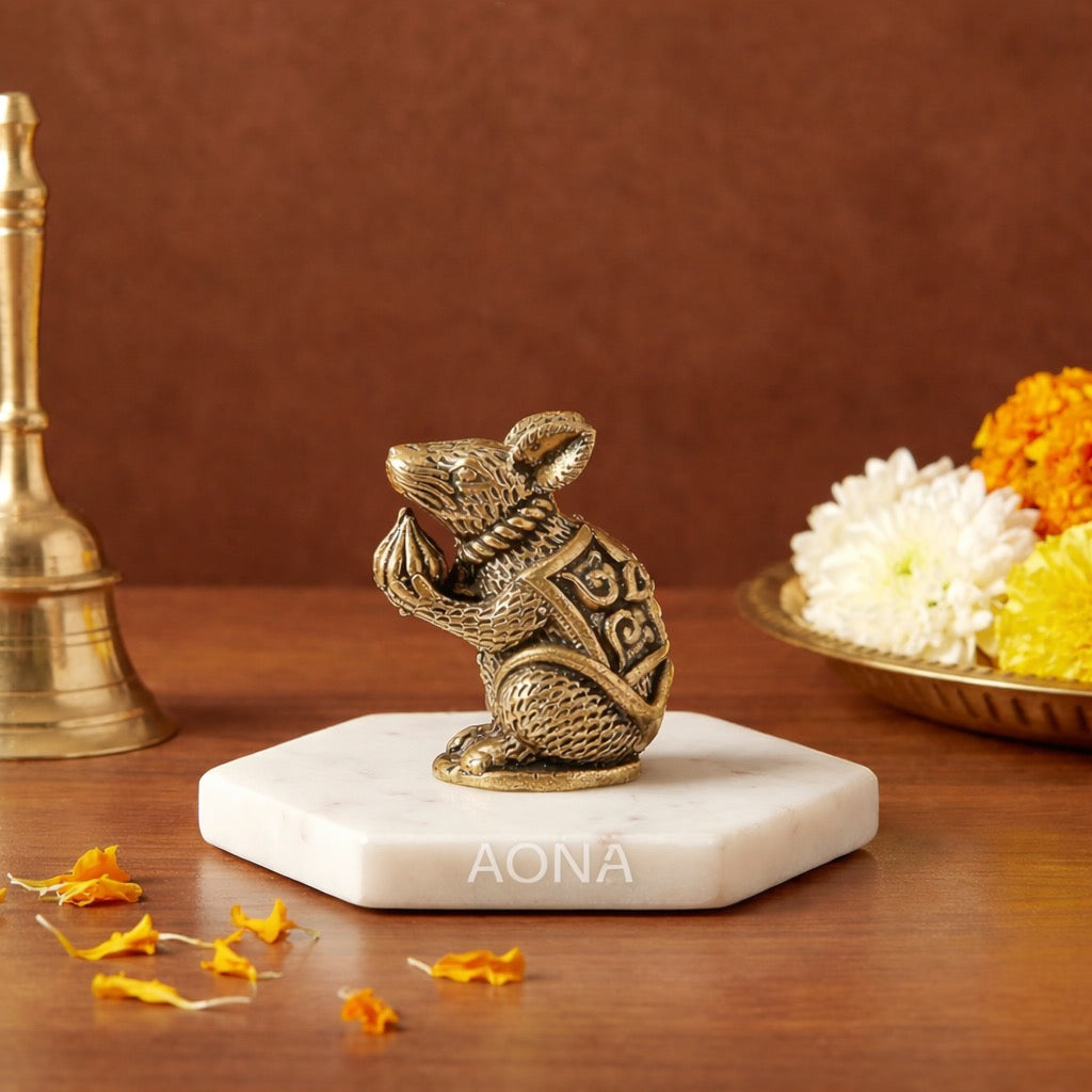 AONA Superfine Brass Mini Mouse (Mushak) with Modak – Ganesh Ji Vahana for Home Temple & Office 