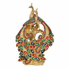 Brass peacock statue with mosaic jewel accents and raised tail