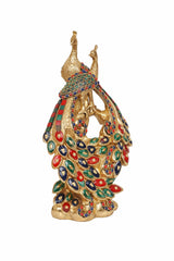 Brass peacock showpiece standing with colorful enamel mosaic details