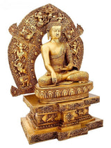 Angled brass Buddha idol seated cross-legged on decorated pedestal throne