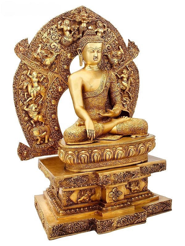 Brass Large Lord Buddha seated on the six-ornament throne of enlightenment Idol (Height: 34 Inches) Study Setting
