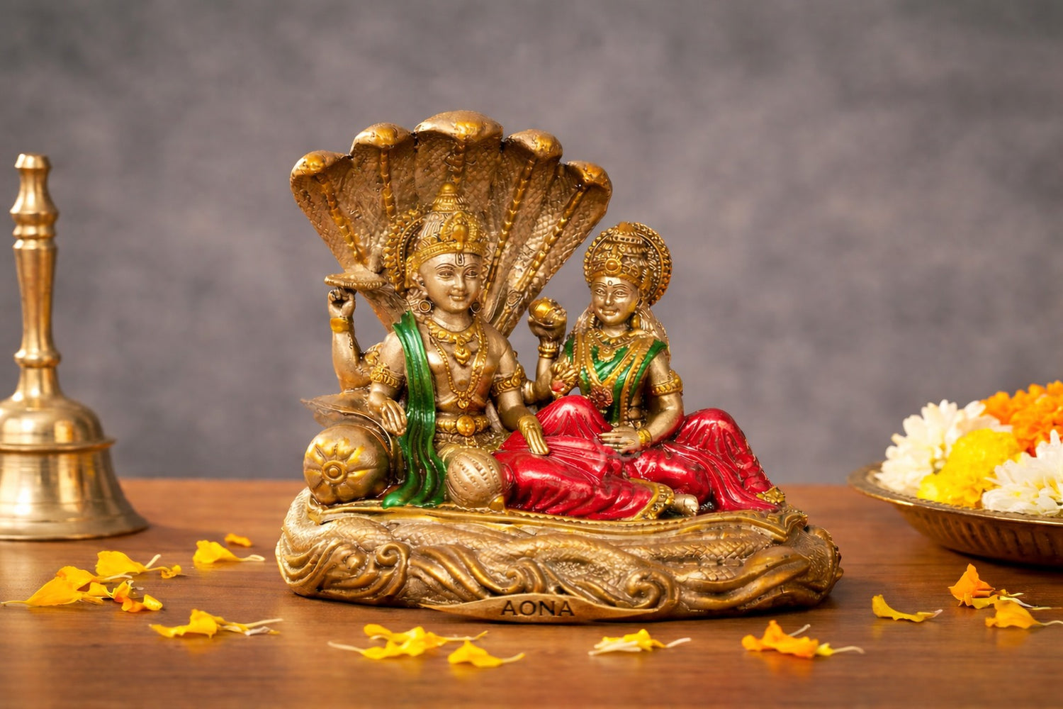 AONA Resin Lord Vishnu & Goddess Lakshmi Statue – Sheshnag Idol for Home Temple & Spiritual Décor 
