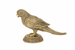 Brass parrot statue, angled view with carved feather pattern and detailed pedestal base