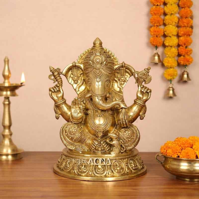 AONA Brass Golden Decorative Ganesha Murti – Religious Showpiece for Home & Office 