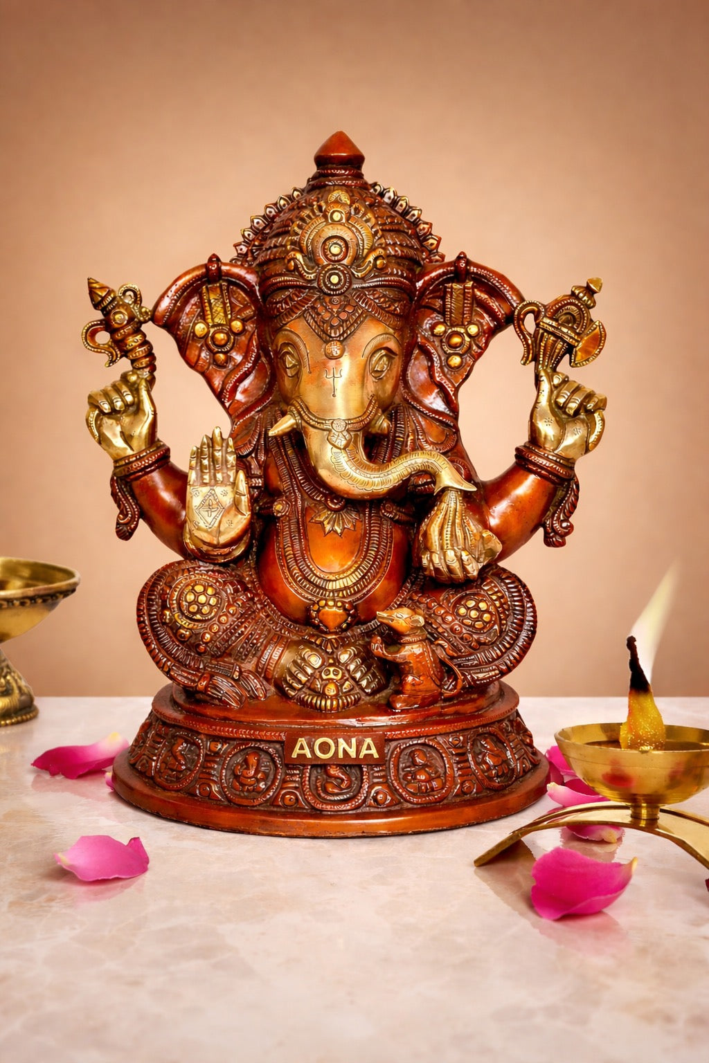 Multicolour Ganesha brass statue, seated with raised hands and ornate jewelry base