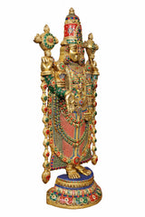 Standing Tirupati Balaji idol in gold finish with red, green and blue beadwork