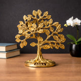 Golden brass kalpavriksha tree showpiece with leafy branches and round base, 6 in