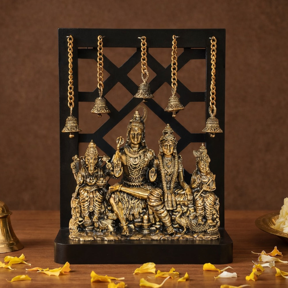 Superfine Brass Shiv Parivar Idol with Wooden Base – Shiva Family Statue for Home Temple, Office Decor & Pooja (Height : 12 Inches)