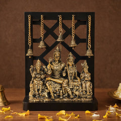 Brass Shiva family idol with hanging bells and wooden base, 12-in