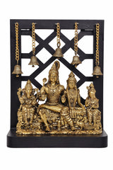Brass seated Shiva family statue with four small figures, hanging bell frame
