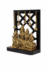 Brass Shiva family idol on black wooden base with hanging bell garland