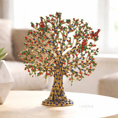 Brass Kalpavriksha tree tabletop decor with blue, red, and green jeweled leaves