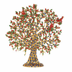 Brass Kalpavriksha tree figurine, wide spreading branches with multicolor stones