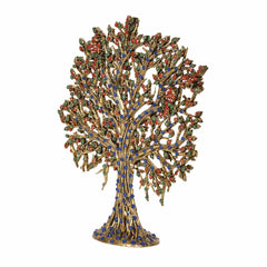 Brass Kalpavriksha tree decor from a side angle, jeweled trunk and canopy