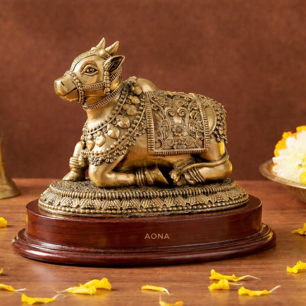 AONA Superfine Brass Shiva Seated with Nandi Statue on Wooden Base – Nandi Bull Idol for Home Temple, Pooja Mandir & Decor 
