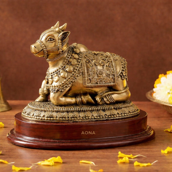 Superfine Brass Shiva Seated with Nandi Statue on Wooden Base – Nandi Bull Idol for Home Temple, Pooja Mandir & Decor (Height :8 Inches)