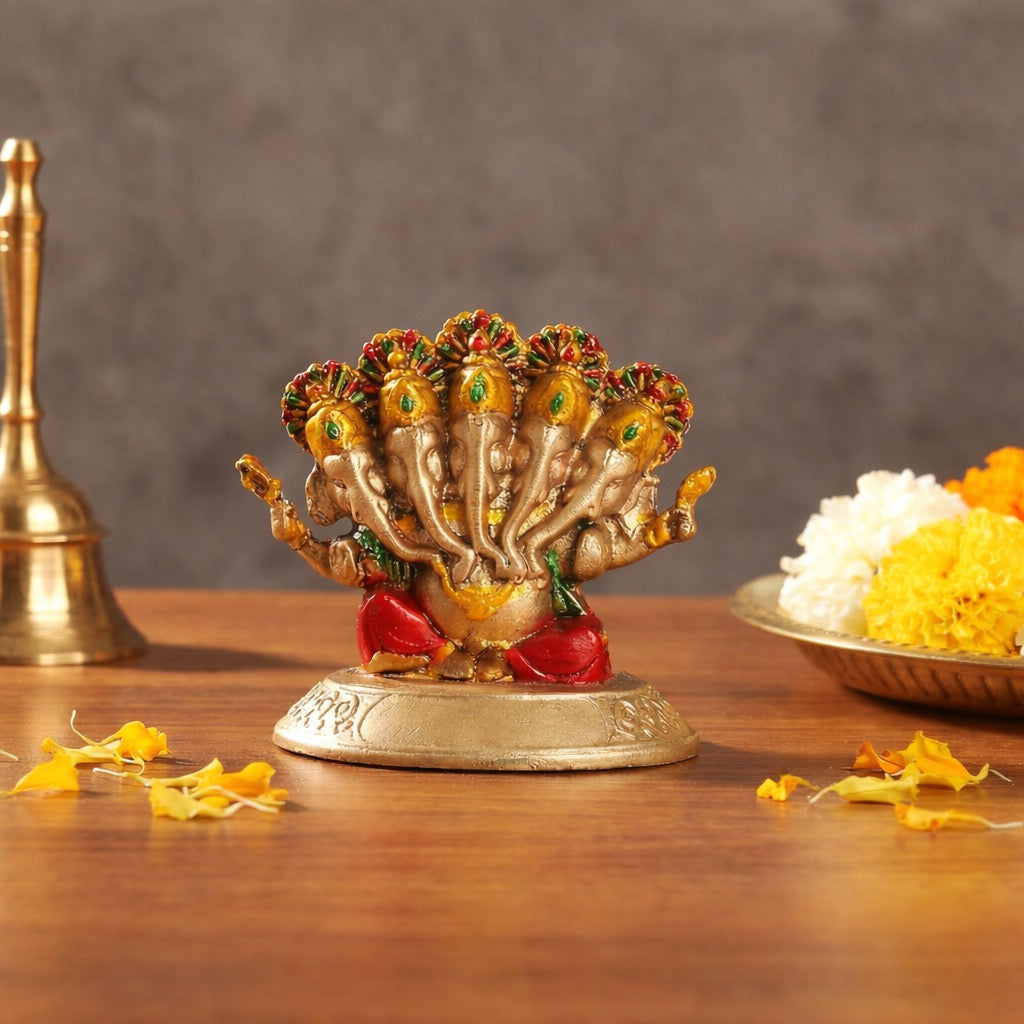 AONA Resin Panchmukhi Ganesha Idol Statue – Five-Head Ganesh Murti for Home Decor, Office, Temple, Mandir Pooja & Car Dashboard 