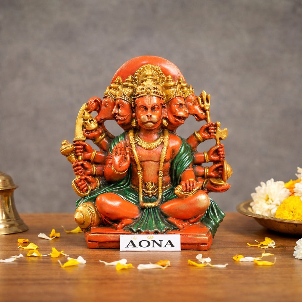 Resin Panchmukhi Hanuman Idol Figurine – Hanuman Ji Decorative Showpiece for Home, Office, Temple & Car Dashboard (Height :5.5 Inches)