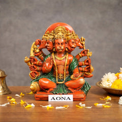 Resin Panchmukhi Hanuman idol, seated with five faces, orange skin and gold ornament details