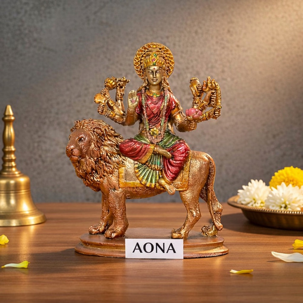 Resin Durga Maa with Lion Idol – Hindu Goddess Sherawali Mata Murti for Home Temple, Pooja Mandir & Car Dashboard (Height :3.5 Inches)