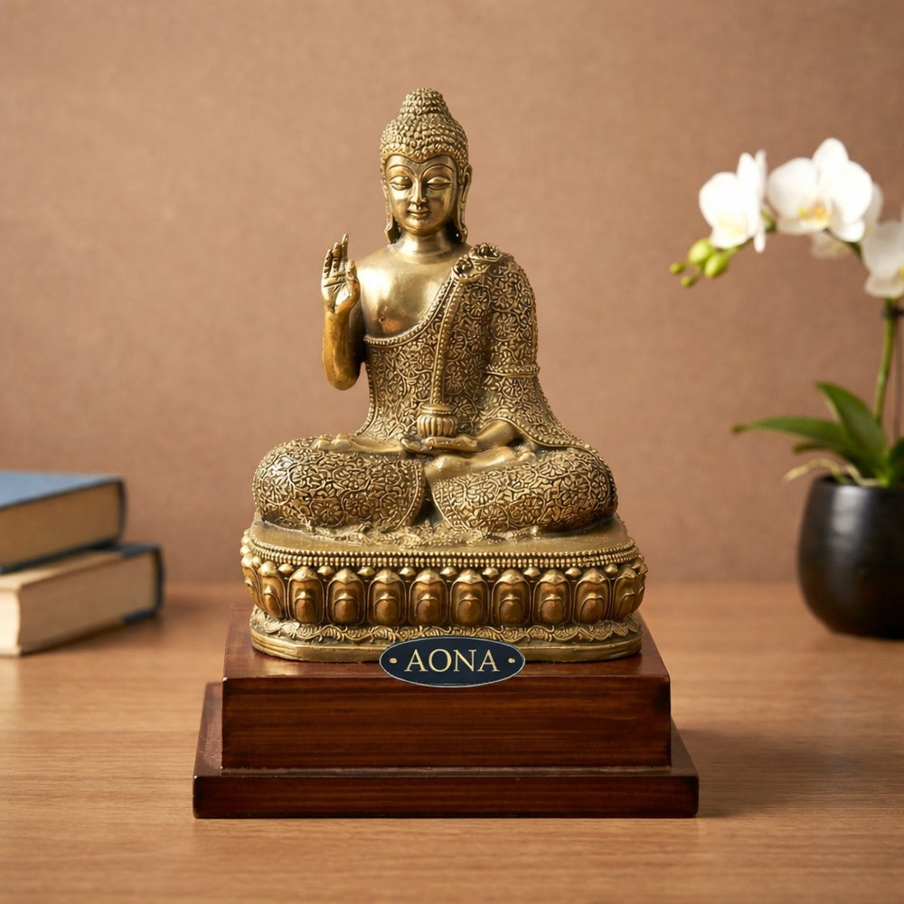 Superfine Brass Peaceful Buddha Statue (Abhaya Mudra) on Wooden Base – Ideal for Home Décor, Office & Gifting (Height :8 Inches)
