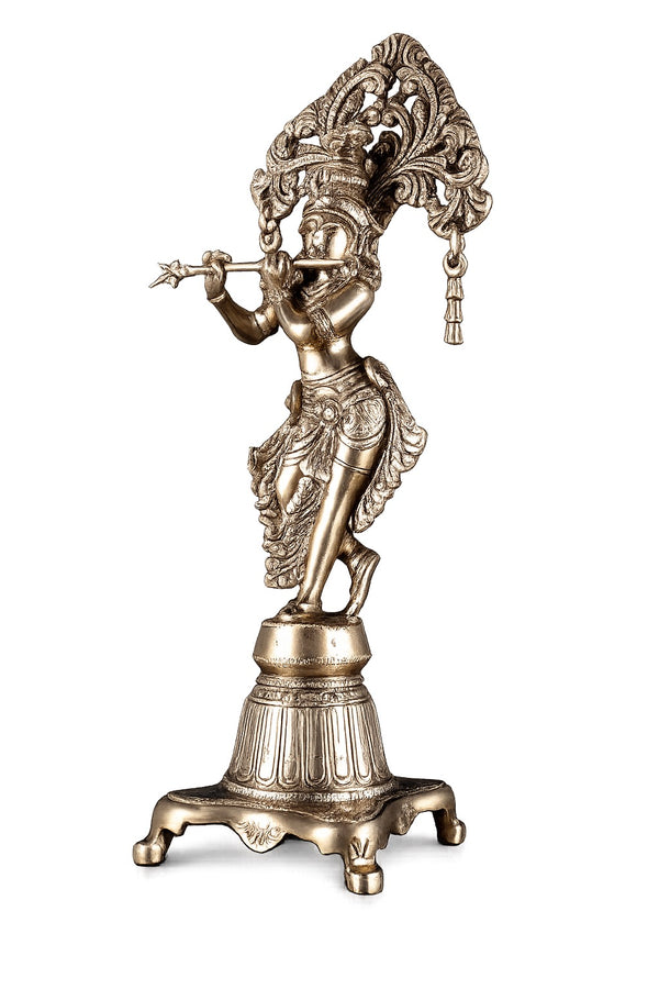 Pure Brass Krishna Bhagwan Idol – 14.5 Inch Decorative Sculpture (Height:14.5 Inches) Entryway Setting
