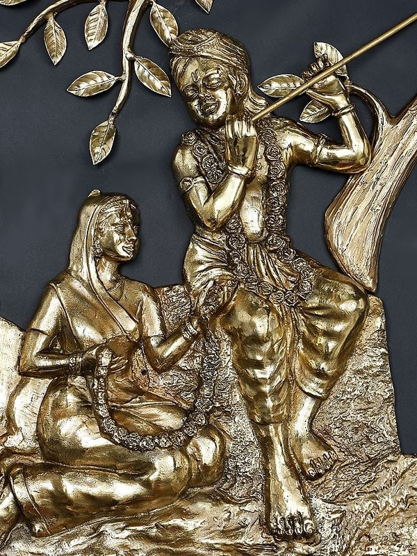 Brass Radha Krishna Seated Under The Tree Wall Hanging (Height: 6 Foot)