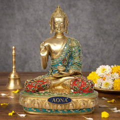 AONA brass Buddha idol in Abhaya mudra, gold with turquoise and red beaded robes
