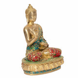 Brass Buddha idol back/side view, gold hands in blessing, turquoise and red robe detail