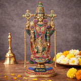 Multicolour Tirupati Balaji brass idol with Lakshmi, front view and raised arms