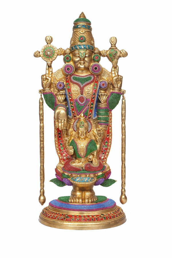 Brass Lord Tirupati Balaji Idol with Goddess Lakshmi – Multicolour Handcrafted Statue for Home Temple, Office, Mandir Pooja & Decorative Showpiece (Height :20 Inches) Entryway Setting
