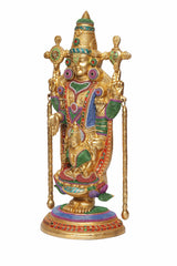 Side view of multicolour Tirupati Balaji brass idol with Lakshmi on base